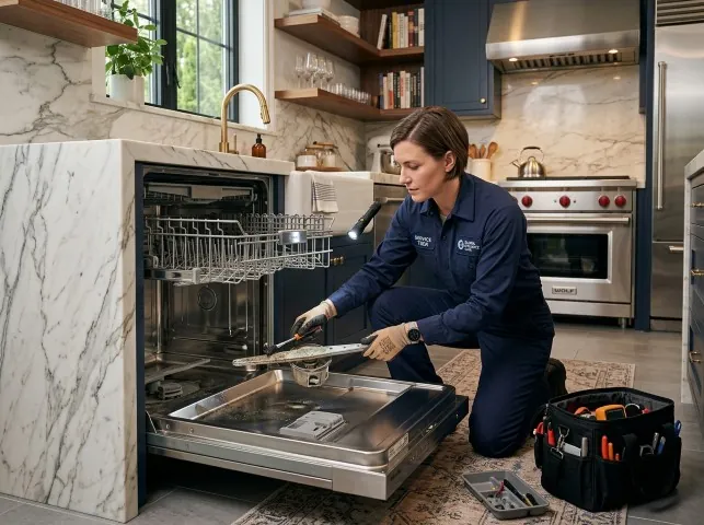 Appliance Repair Hero technician servicing a built-in dishwasher in a Bridgewater, NJ kitchen
