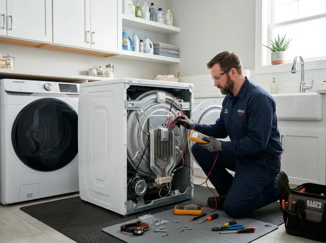 Appliance Repair Hero technician checking a dryer heating element with the rear panel off in Bridgewater, NJ