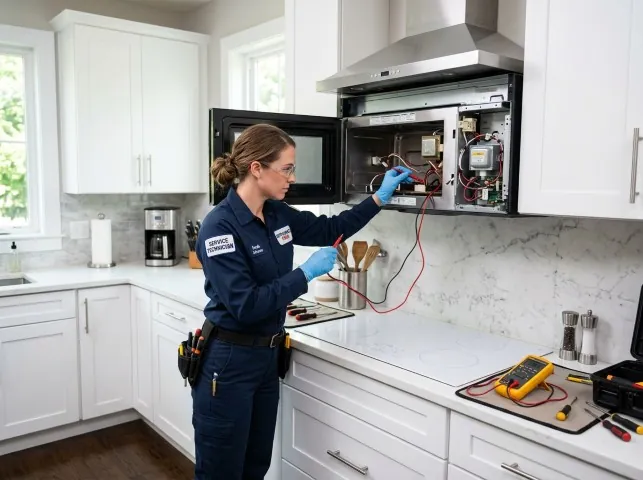 Appliance Repair Hero technician testing an over-the-range microwave in a Bridgewater, NJ kitchen