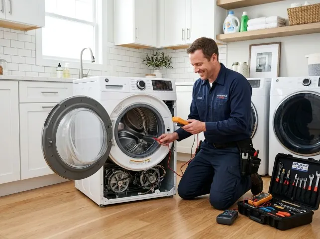 Appliance Repair Hero technician testing a front-load washer with a multimeter on a Bridgewater, NJ service call